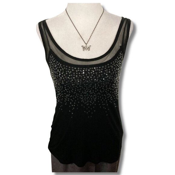 SUZY SHIER Black mesh and sequin adorned tank top SMALL MEDIUM goth rayon shirt - Picture 1 of 16